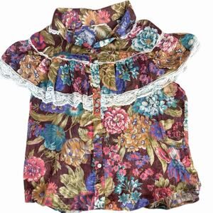 Vintage America Floral Lace-Trim Button Front Blouse in Burgundy Multicolor